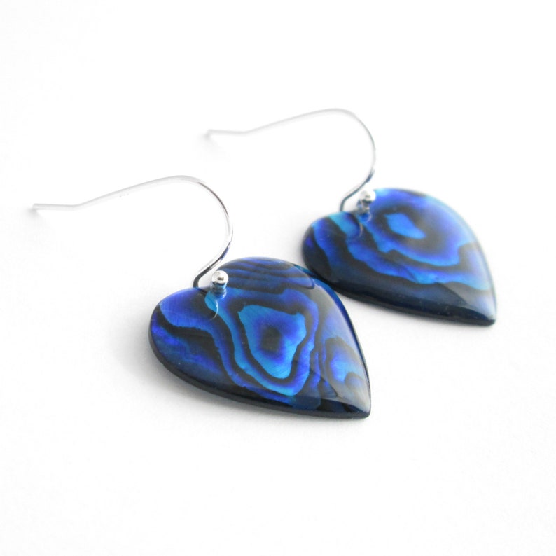 Blue Heart Earrings: Paua Jewelry, Abalone Shell Earrings, Bridesmaid Jewelry Sterling Silver Hook