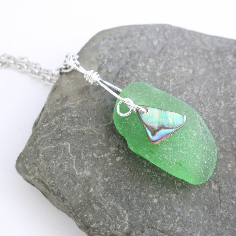 Green Sea Glass Necklace Abalone Shell Pendant Beach Glass - Etsy