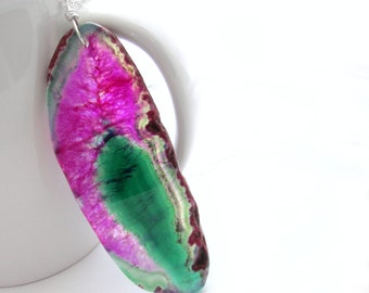 Watermelon Sliced Agate Necklace, Long, Green & Pink Stone Pendant