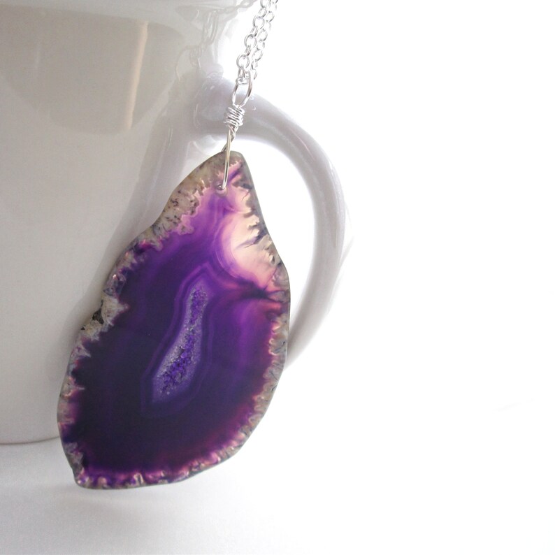 Big Purple Agate Necklace, Druzy Geode Jewelry, Sterling Silver Wire image 2