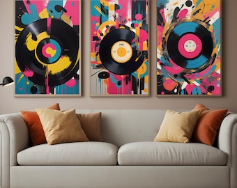 Conjunto de 3 láminas de arte mural musical: pósteres de discos de vinilo, decoración para el hogar, arte mural contemporáneo, pósteres musicales, arte mural digital, decoración para habitaciones musicales.