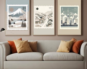Japan Wandkunst Japan Wohnkultur Post Stempel Wandkunst Vintage Wandkunst Tokyo Wandkunst 3er Set Wandkunst Japan Poster Berg Fuji Reiseplakat