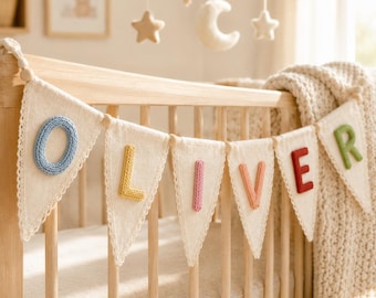 Guirnalda de algodón tejida a mano con el nombre del bebé, pancarta para la habitación del bebé, recuerdo para baby shower, pancarta de lona para bebé, decoración para la habitación del bebé, regalo para baby shower