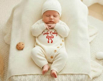 Baby Strampler Set, Personalisierte gestickte Name Baby Outfit, Neugeborene Baumwolle stricken Body & Mütze