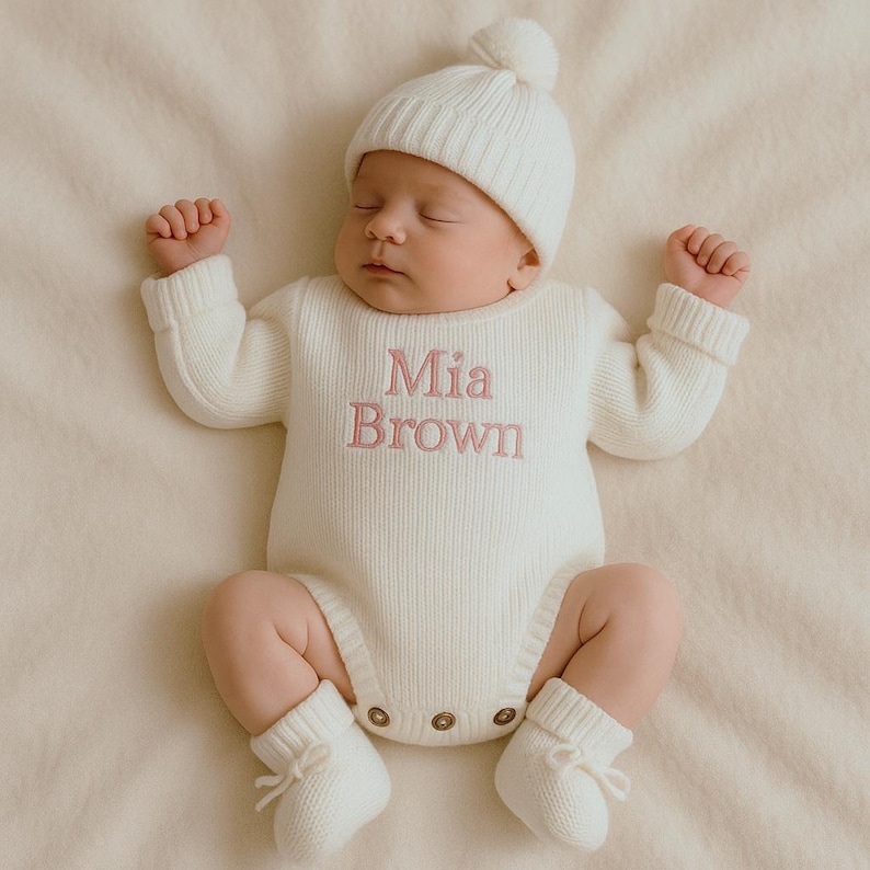 Może przedstawiać: Noworodek w białym, dzianinowym stroju, w tym czapka z pomponem, body z długim rękawem i buciki. Imię "Mia Brown" jest wyszyte na r&oacute;żowo na body. Dziecko leży na kremowym kocu.