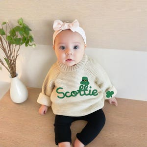 Custom Shamrock Baby Name Sweaters|Lucky Baby Sweater|Irish Baby Sweater|Knitted St. Patrick&#39;s Day Baby Jumper|St. Patricks Day Toddler Gift