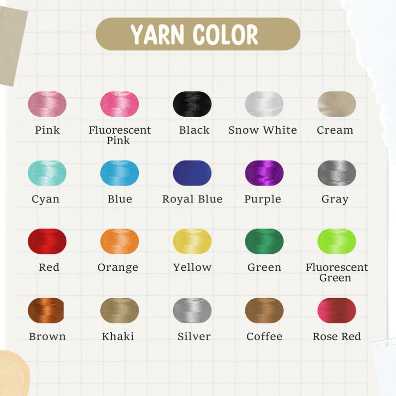 Może przedstawiać: Karta kolor&oacute;w zatytułowana "YARN COLOR" przedstawia r&oacute;żne kolory przędzy. Kolory obejmują r&oacute;żowy, czarny, biały, kremowy, cyjanowy, niebieski, fioletowy, szary, czerwony, pomarańczowy, ż&oacute;łty, zielony, brązowy, khaki, srebrny, kawowy i r&oacute;żany.