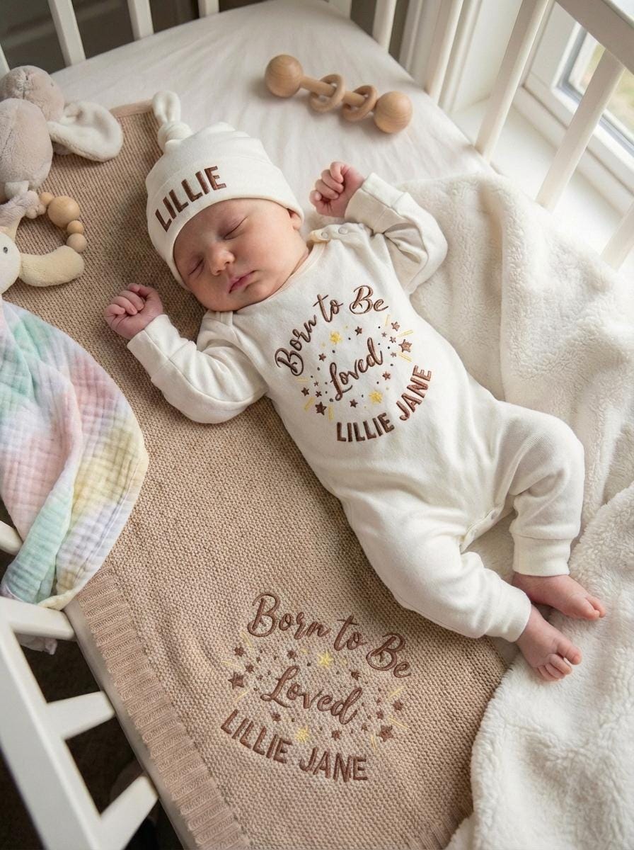 Born to Be Loved Personalized Embroidered Baby Outfit Blanket Set, Newborn Cotton Bodysuit & Blanket, Coming Home Gift, Hospital Outfit Set