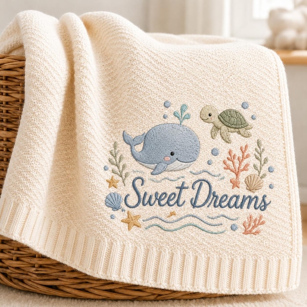 Personalized Baby Blanket Whale Sea Turtle Embroidery Under The Sea Ocean Animal Nursery Crib Swaddle Blanket Newborn Shower Gift