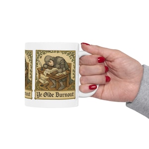 Ye Olde Burnout Lustige mittelalterliche Keramiktasse, Geschenk für Kaffeeliebhaber, einzigartiges Küchendekor, humorvolles Trinkgefäß, ideal für Geburtstage, 11 Unzen und