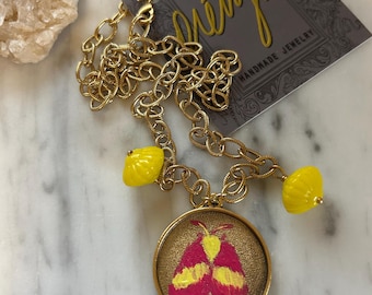 FloraFauna hand painted pendant necklace: Rosy Maple Moth with vintage Japanese glass beads