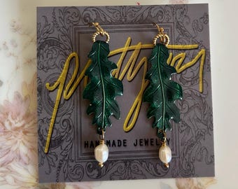Brass Oak Leaf and Freshwater Pearl earrings with Dark Green Cold Enamel