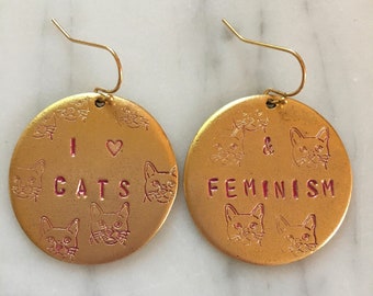 I Love Cats and Feminism handstamped earrings - gold and pink version