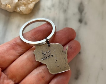 Ice Age Trail keychain/ CUSTOM MILEAGE VERSION / Wisconsin keychain/ handstamped aluminum