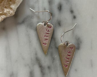 Antifa heart earrings - silver and pink