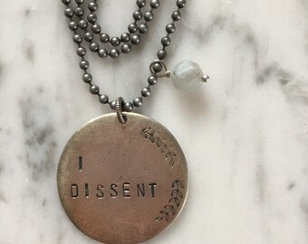 I DISSENT necklace with aquamarine / RBG tribute necklace / silver ball bead chain version