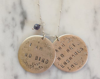 I am no bird and no net ensnares me / Jane Eyre quote necklace with iolite bead - silver plated pewter