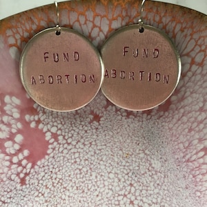 Fund Abortion handstamped earrings silver and pink version image 1