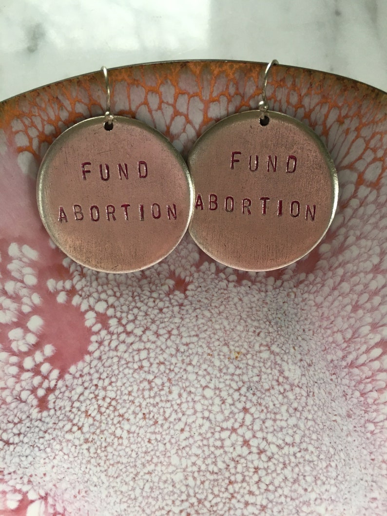 Fund Abortion handstamped earrings silver and pink version image 1