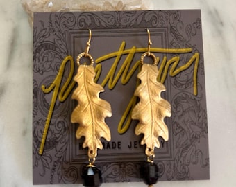 Brass Oak Leaf and Garnet earrings