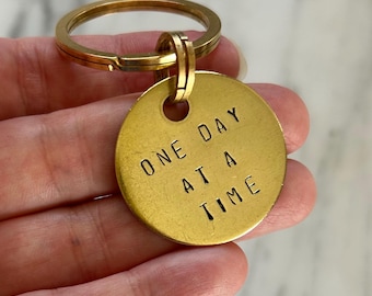 One Day at a Time keychain / handstamped brass