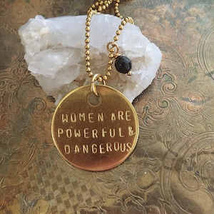 Audre Lorde Quote Necklace: Hand Stamped Brass Tag with Garnet, Women are Powerful and Dangerous