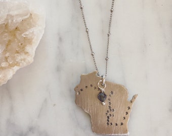 Ice Age Trail necklace / Wisconsin necklace / handstamped aluminum with iolite bead