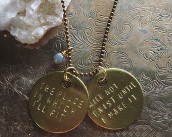 James Baldwin Quote Necklace: Hand Stamped Brass Tag, Labradorite Bead, The place in which I’ll fit will not exist until I make it
