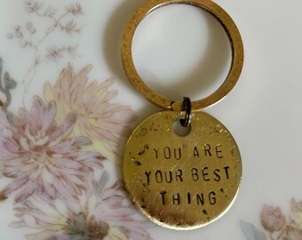 Toni Morrison Quote Keychain: Hand Stamped Brass Tag, You are Your Best Thing, Black Floral