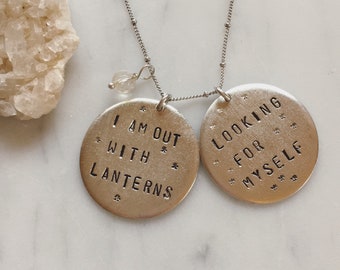 Emily Dickinson Quote Necklace: Hand Stamped Silver Plated Pewter with Citrine, I am out with lanterns, looking for myself