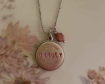 Unruly Necklace: Handstamped Floral Pendant with Rhodonite Bead, Silver