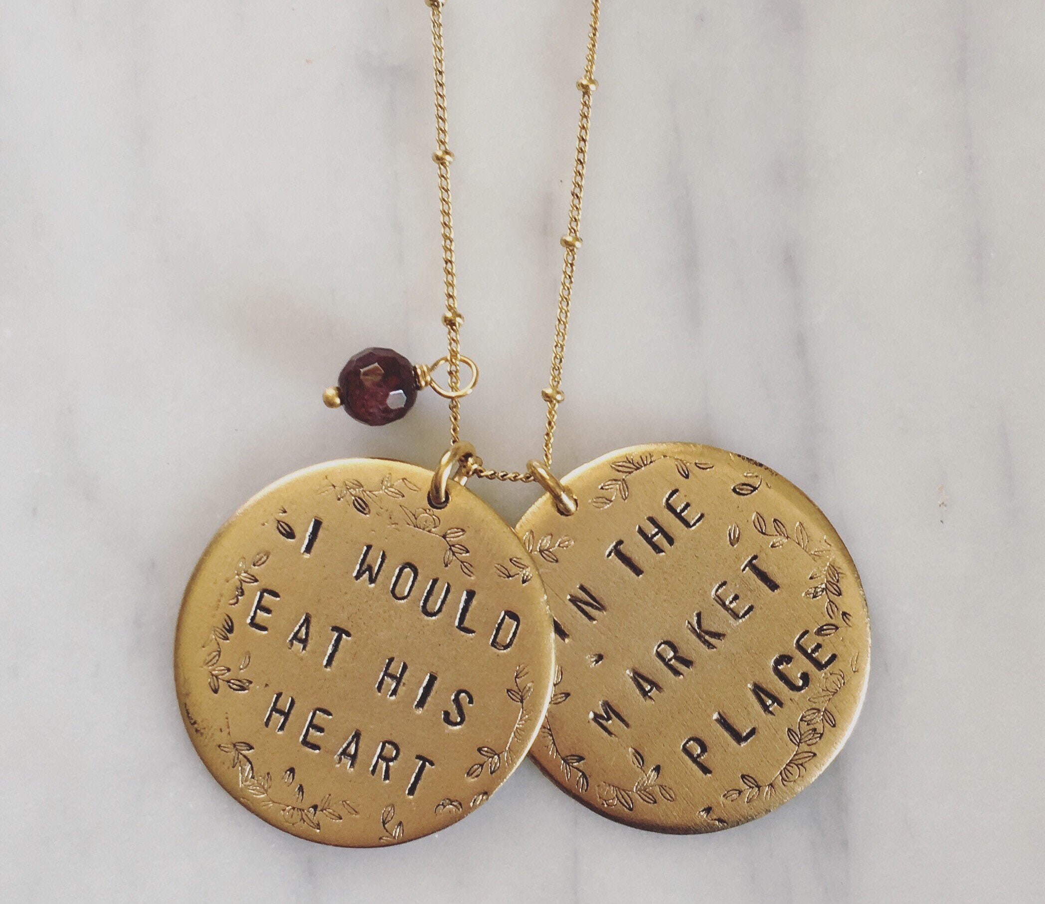 Shakespeare Quote Necklace: Beatrice, Much Ado About Nothing,  I would eat his heart in the market place, Garnet Bead