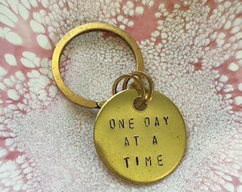 One Day at a Time keychain / handstamped brass