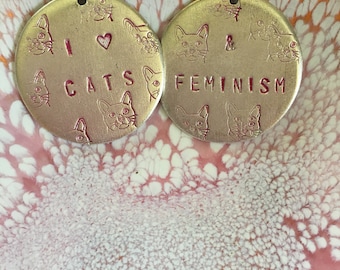 I Love Cats and Feminism handstamped earrings - silver and pink version