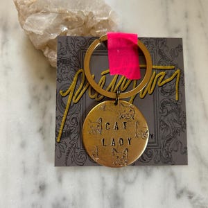 Cat Lady keychain / handstamped gold plated pewter