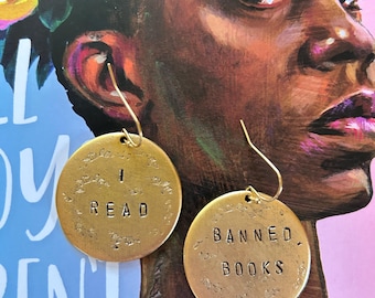 I Read Banned Books handstamped earrings / gold version