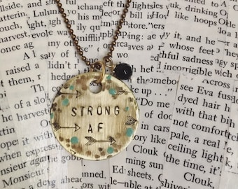 Strong AF Necklace: Hand Stamped Brass Pendant, Onyx Bead