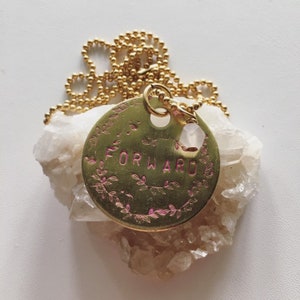 Forward Rose Quartz Necklace: Hand Stamped Brass Tag, Gold Chain