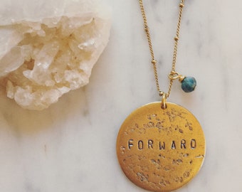 Forward necklace - Gold version with Apatite bead / Wisconsin state motto