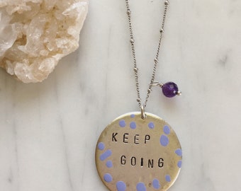 Keep Going Silver Necklace: Hand Stamped Pewter, Amethyst Accent