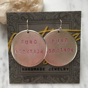 Fund Abortion handstamped earrings silver and pink version image 3