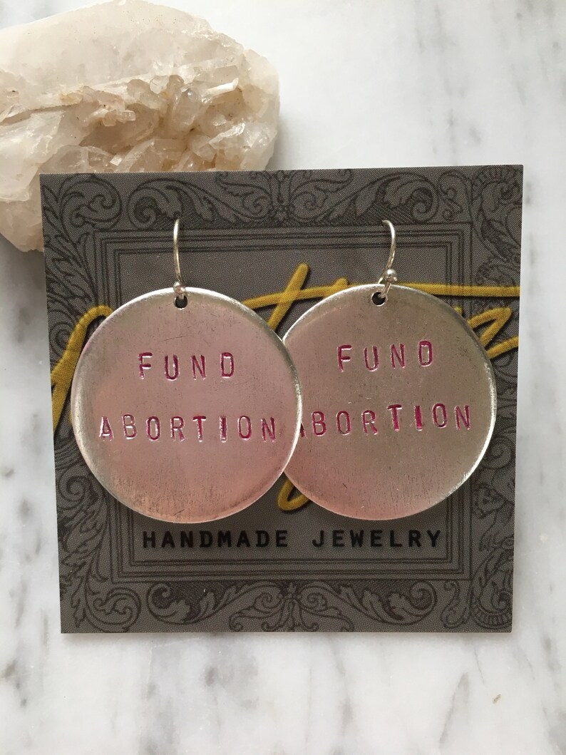 Fund Abortion handstamped earrings silver and pink version image 3