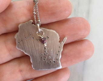 Ice Age Trail necklace / Wisconsin necklace / handstamped aluminum with ruby bead