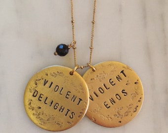 Hand Stamped Romeo and Juliet Necklace: Onyx Bead, Gold Plated Pewter