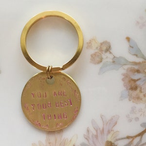 Toni Morrison Quote Keychain: Hand Stamped Brass Tag, You are Your Best Thing, Pink Floral