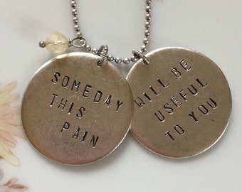 Someday this pain will be useful to you / Ovid quote necklace / silver-plated pewter with long ball bead chain and citrine bead