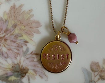RESIST Necklace: Hand Stamped Floral Charm with Rhodonite Bead, Gold