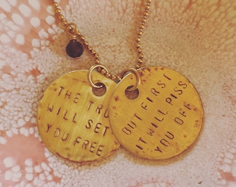 Gloria Steinem Necklace: Hand Stamped Brass Feminist Gift, The truth will set you free