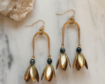 Twinflower earrings with Moss Agate / Gold Version