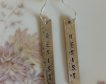 Resist long earrings - hammered silver and black